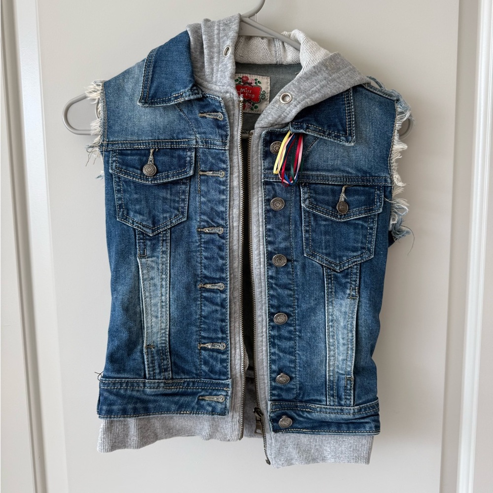 Vintage Layered Denim Vest with Gray Hoodie